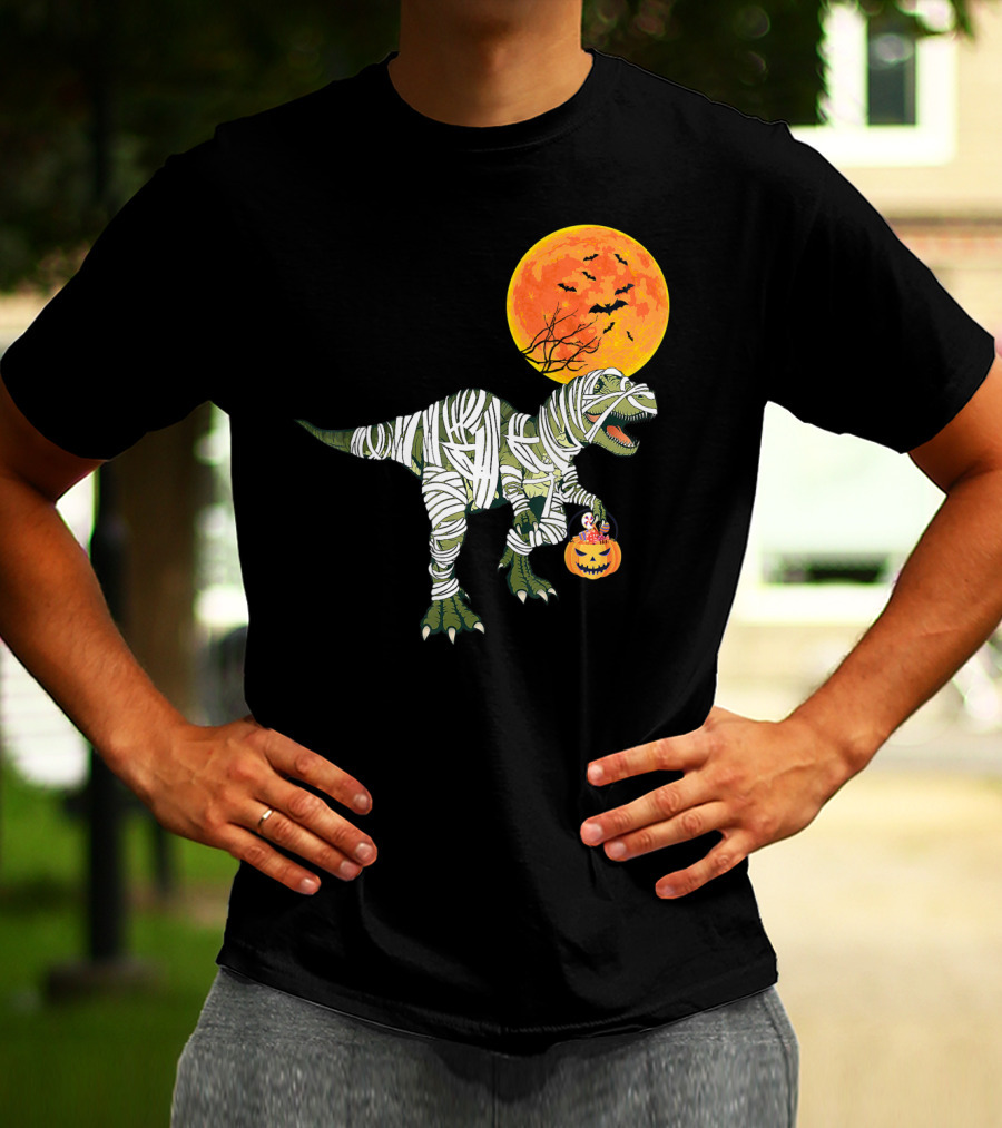 Dinosaur Halloween Mummy With Pumpkin And Full Moon Background T-Shirt