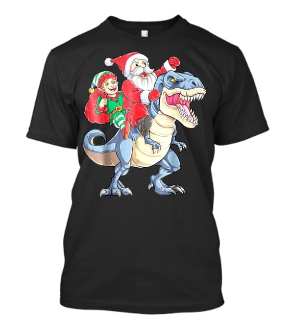Dinosaur Christmas Santa And Elf Riding T-Rex T-Shirt
