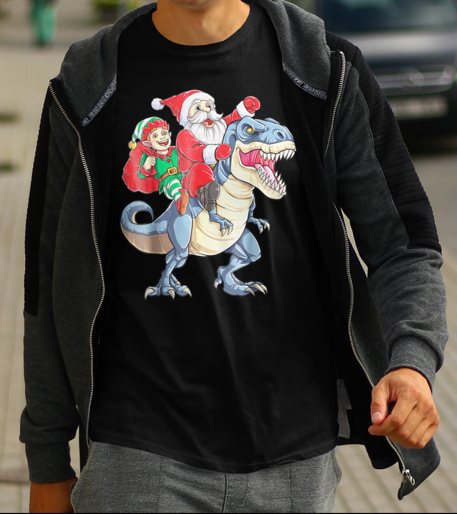 Dinosaur Christmas Santa And Elf Riding T-Rex T-Shirt