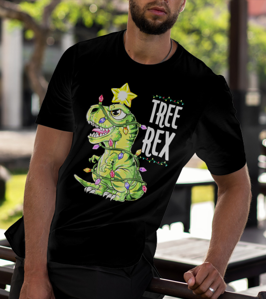 Tree Rex Dinosaur Christmas Lights Boys T-Shirt