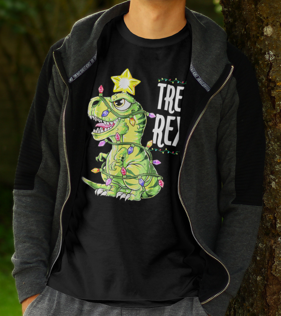 Tree Rex Dinosaur Christmas Lights Boys T-Shirt