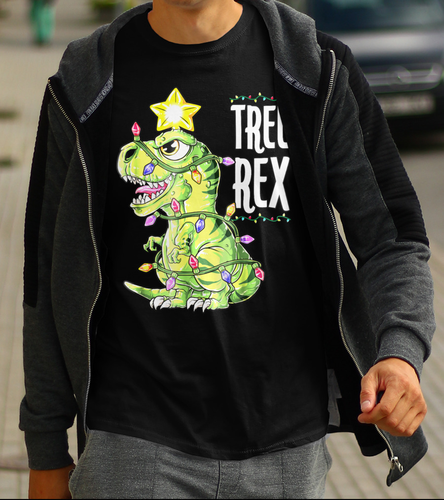 Tree Rex Dinosaur Christmas Lights Boys T-Shirt