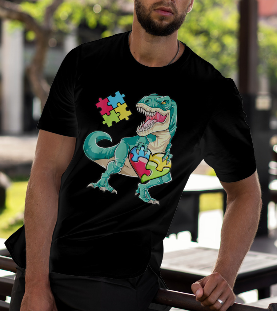 Dinosaur Holding Puzzle Heart Autism Awareness Boys T-Shirt
