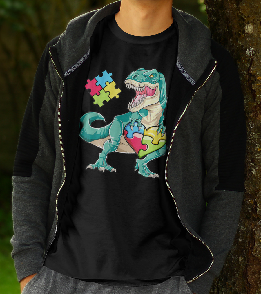 Dinosaur Holding Puzzle Heart Autism Awareness Boys T-Shirt