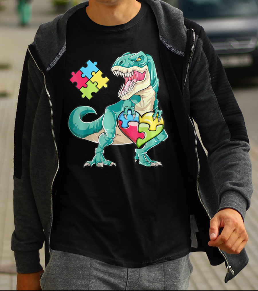 Dinosaur Holding Puzzle Heart Autism Awareness Boys T-Shirt