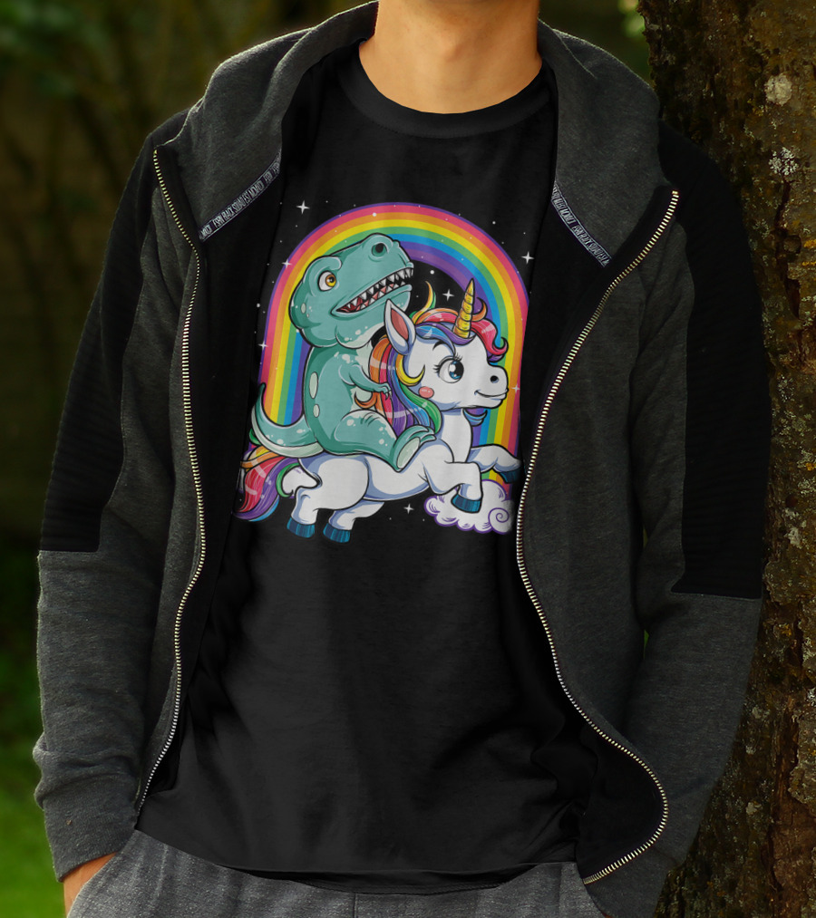 Dinosaur Riding Unicorn Rainbow Rex Sparkle Stars Fantasy T-Shirt