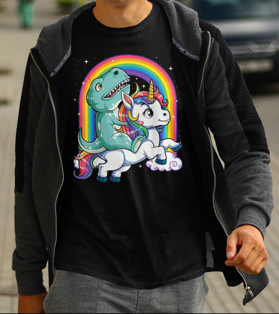 Dinosaur Riding Unicorn Rainbow Rex Sparkle Stars Fantasy T-Shirt