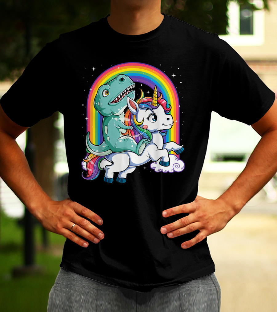 Dinosaur Riding Unicorn Rainbow Rex Sparkle Stars Fantasy T-Shirt