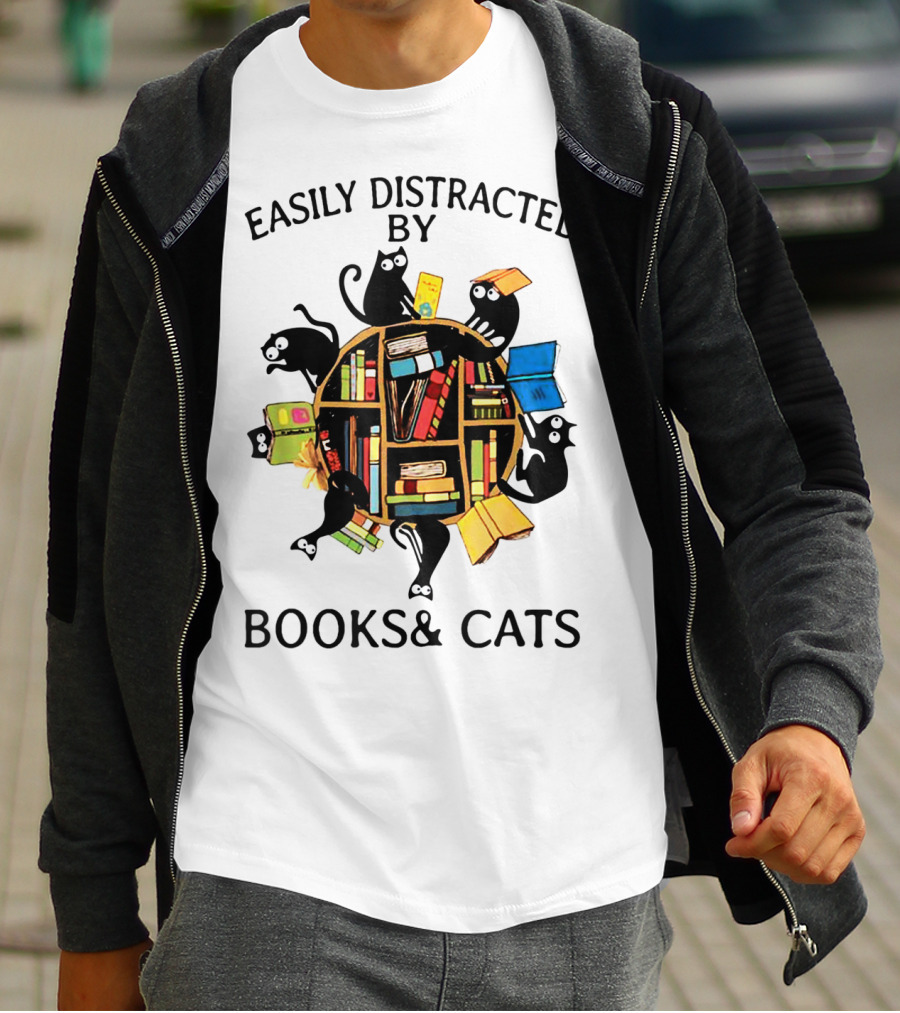 Easily Distracted By Books And Cats With Playful Shelf Cats T-Shirt