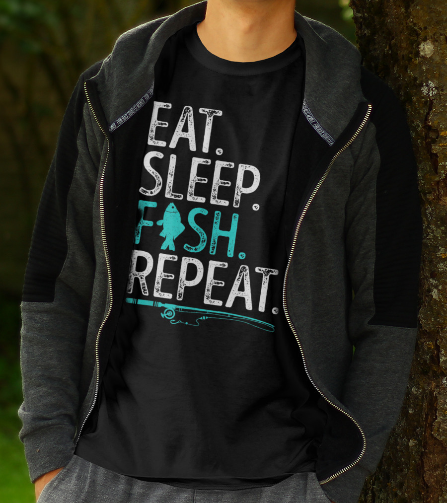 EAT SLEEP FISH REPEAT KIDS FISHING FISHING ROD TEAL FISH T-Shirt