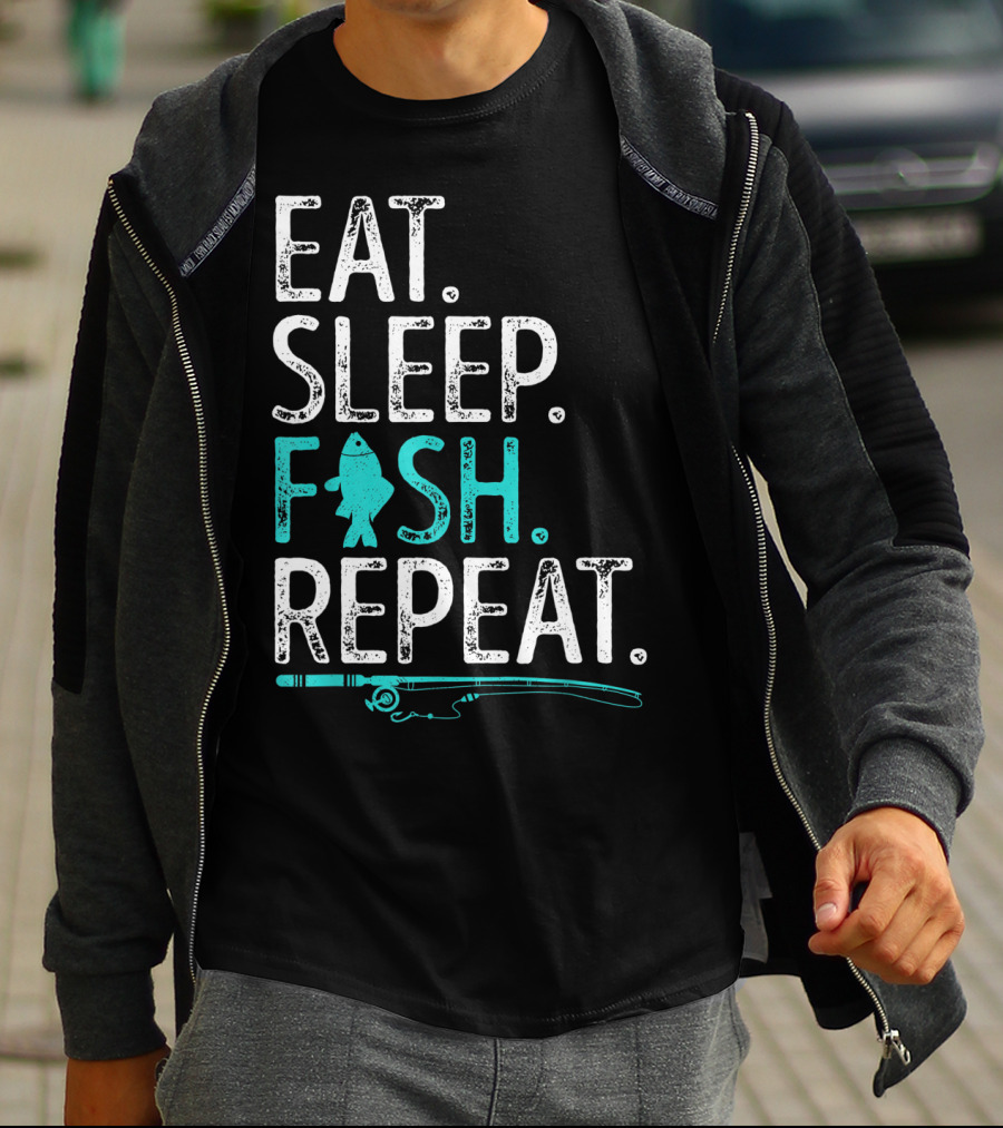 EAT SLEEP FISH REPEAT KIDS FISHING FISHING ROD TEAL FISH T-Shirt