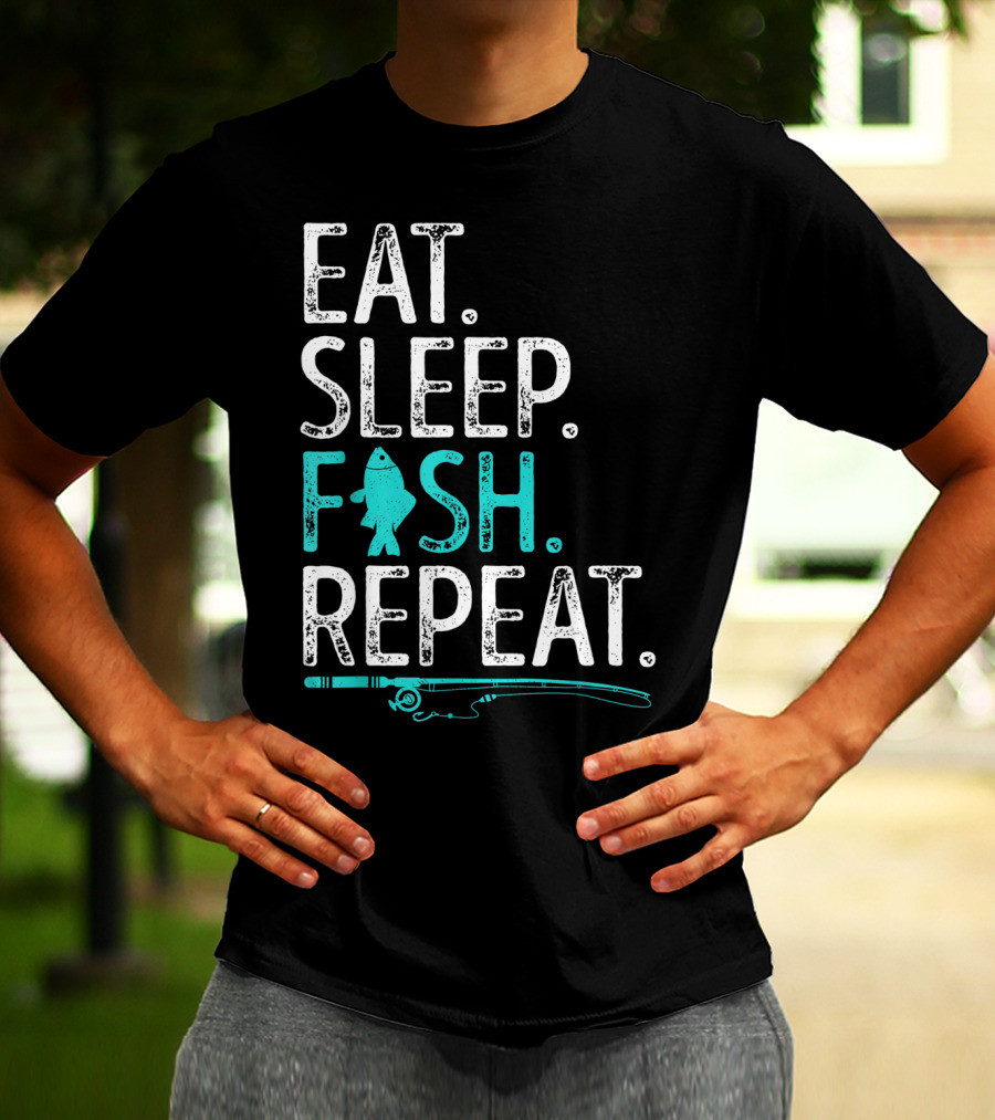 EAT SLEEP FISH REPEAT KIDS FISHING FISHING ROD TEAL FISH T-Shirt