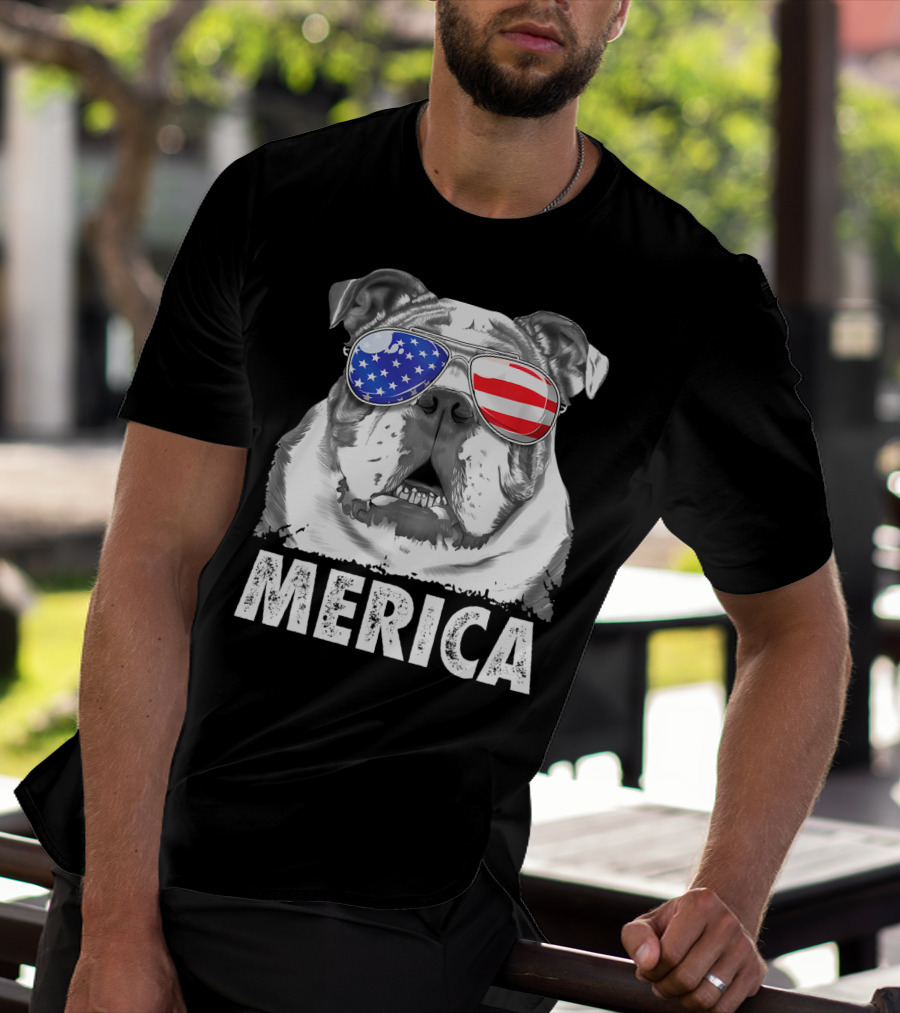 Merica English Bulldog USA Flag Sunglasses T-Shirt