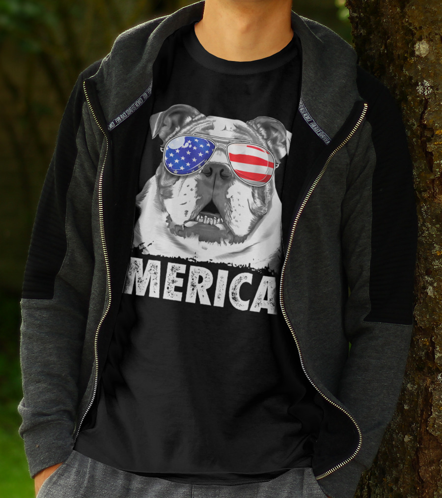 Merica English Bulldog USA Flag Sunglasses T-Shirt