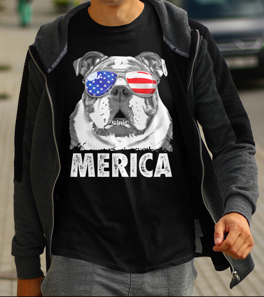 Merica English Bulldog USA Flag Sunglasses T-Shirt