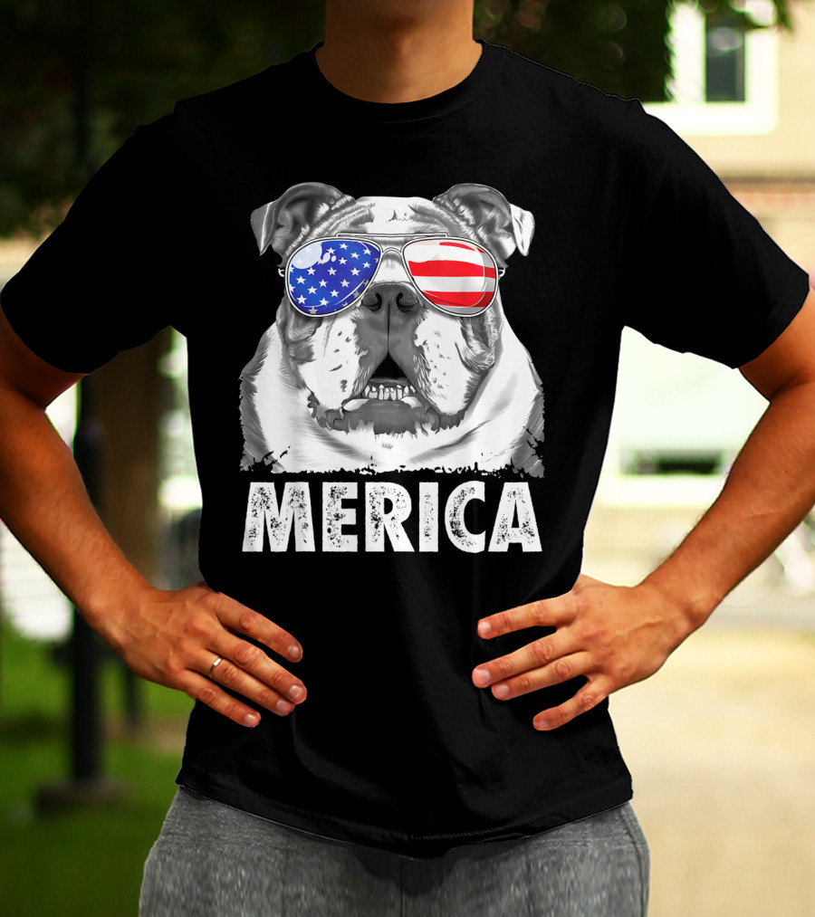 Merica English Bulldog USA Flag Sunglasses T-Shirt