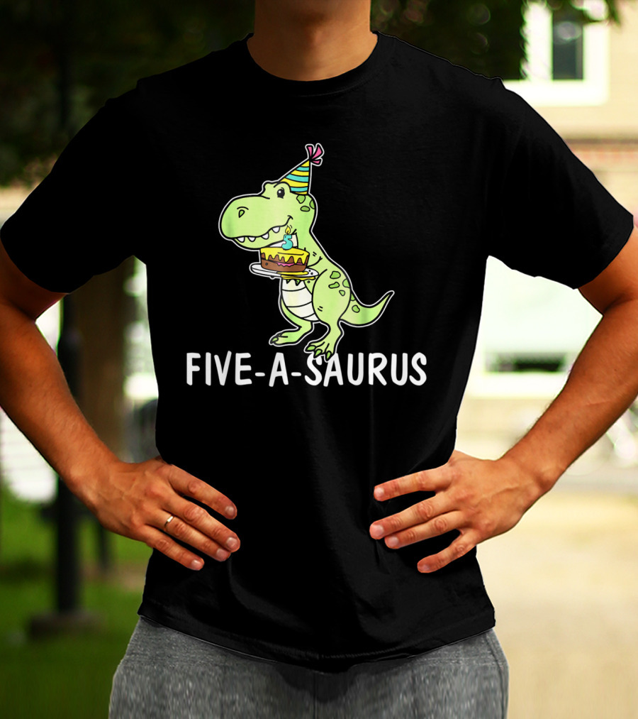 Five-A-Saurus T-Rex Birthday Cake Party Hat 5 Years Old T-Shirt