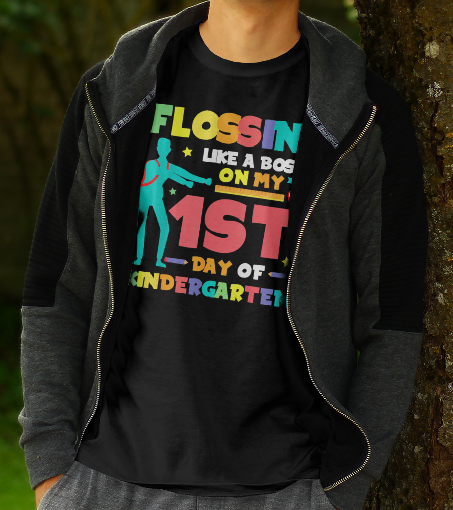 Flossin Like A Boss On My 1st Day Of Kindergarten With Silhouette And School Elements T-Shirt