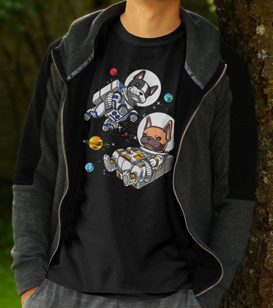 French Bulldog Astronauts In Space With Planets And Stars T-Shirt