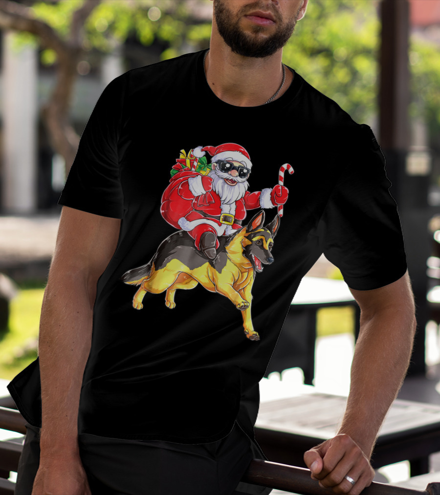 German Shepherd Woofmas With Santa Claus And Candy Cane T-Shirt