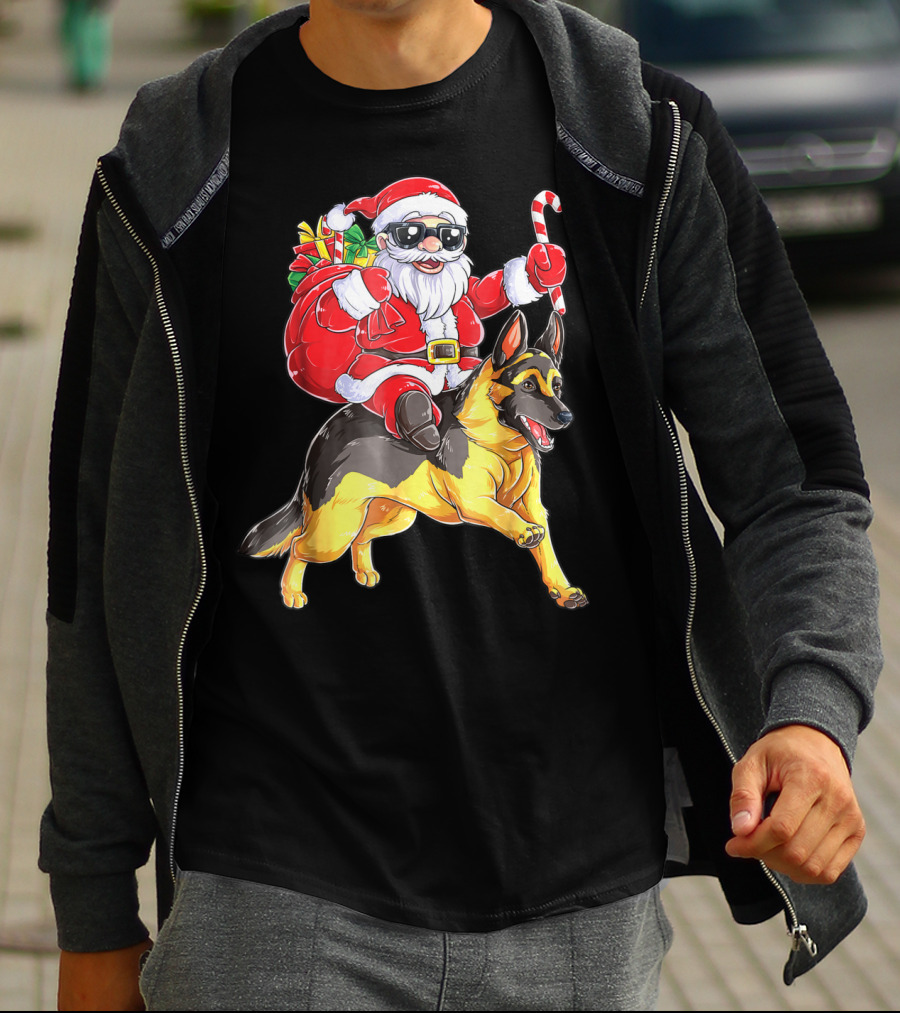German Shepherd Woofmas With Santa Claus And Candy Cane T-Shirt