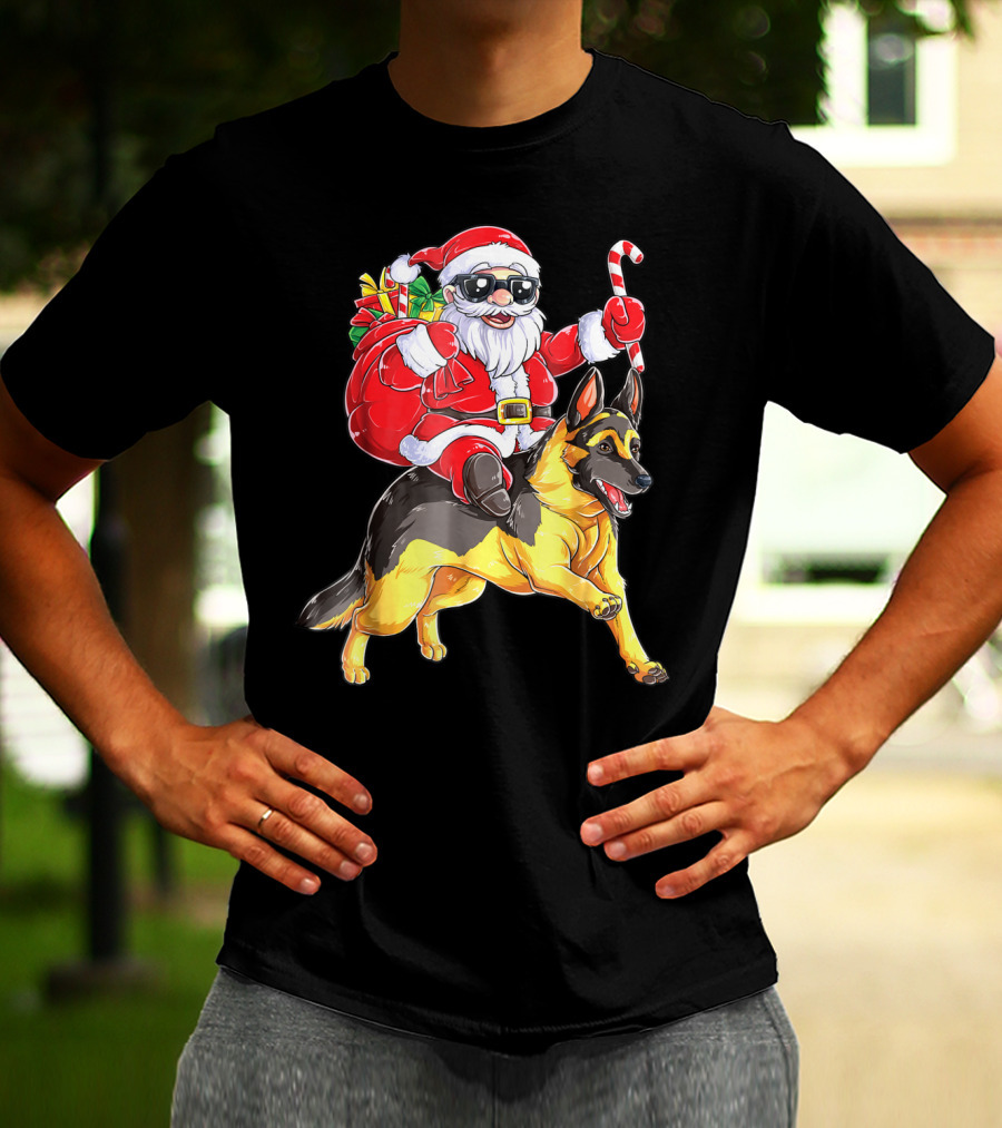 German Shepherd Woofmas With Santa Claus And Candy Cane T-Shirt