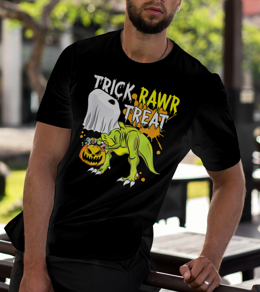 Trick Rawr Treat Halloween Dinosaur Ghost Pumpkin Boys T-Shirt