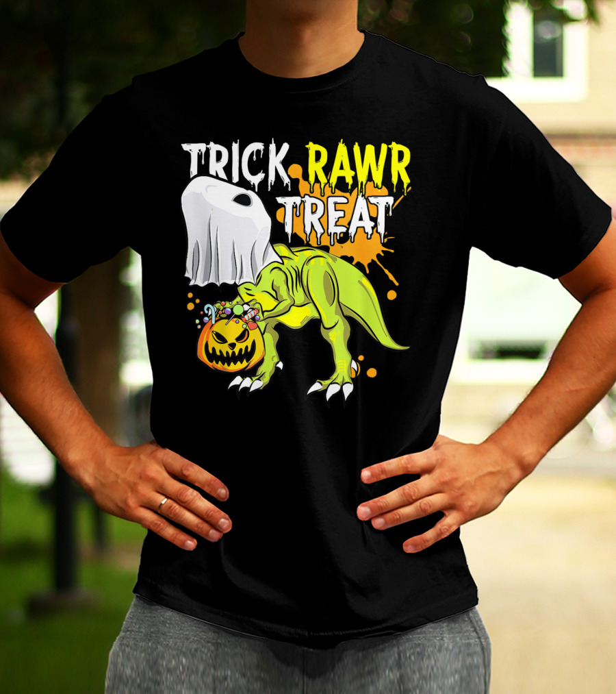 Trick Rawr Treat Halloween Dinosaur Ghost Pumpkin Boys T-Shirt