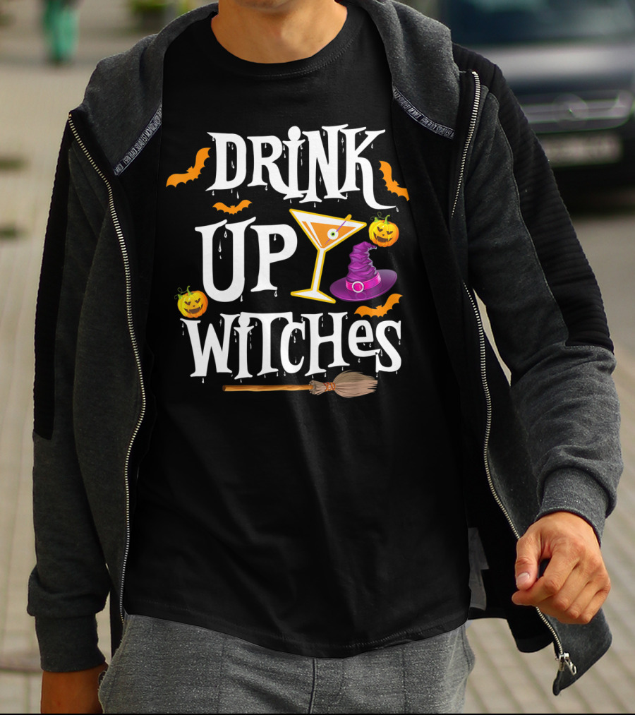 Drink Up Witches Halloween Costume Women Wine Hat Broom Martini T-Shirt