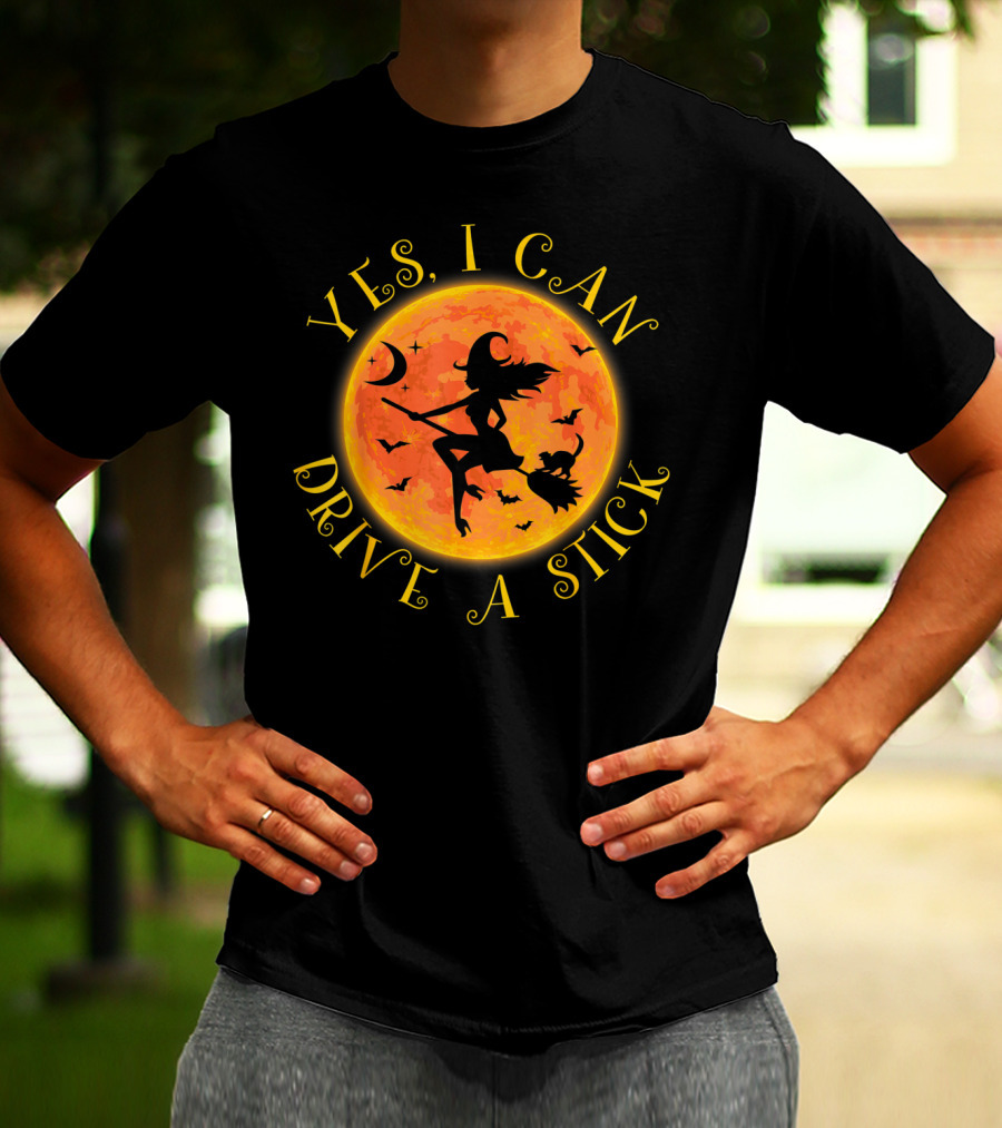 Yes I Can Drive A Stick Halloween Witch Costume Moon Bats T-Shirt