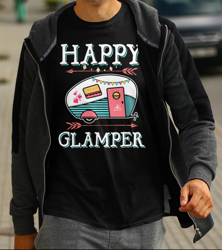 HAPPY GLAMPER Camper With Arrows And Colorful Bunting T-Shirt