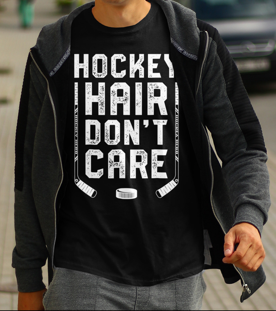 Hockey Hair Don't Care Ice Puck Hockey Stick Player T-Shirt