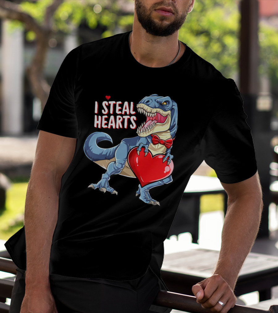 I Steal Hearts Dinosaur Rex Valentine's Day Red Bow Tie T-Shirt