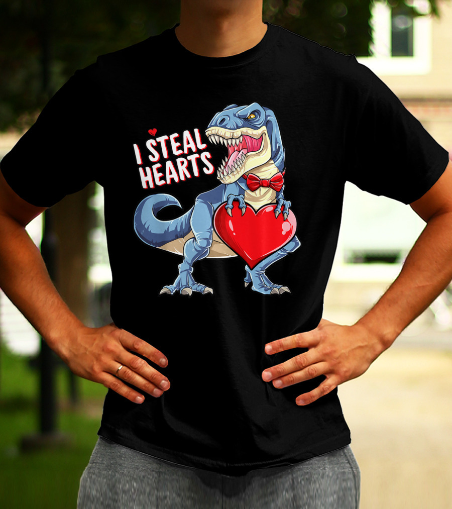 I Steal Hearts Dinosaur Rex Valentine's Day Red Bow Tie T-Shirt