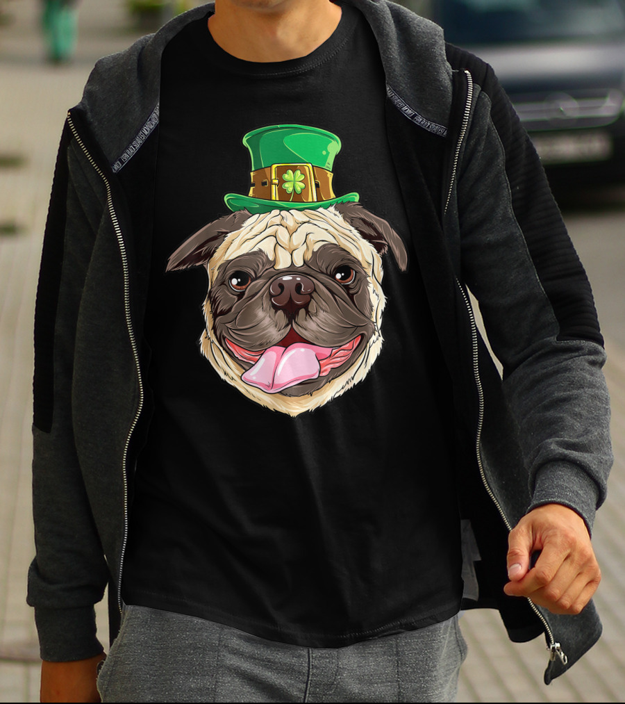 Irish Pug Wearing Leprechaun Hat With Shamrock T-Shirt