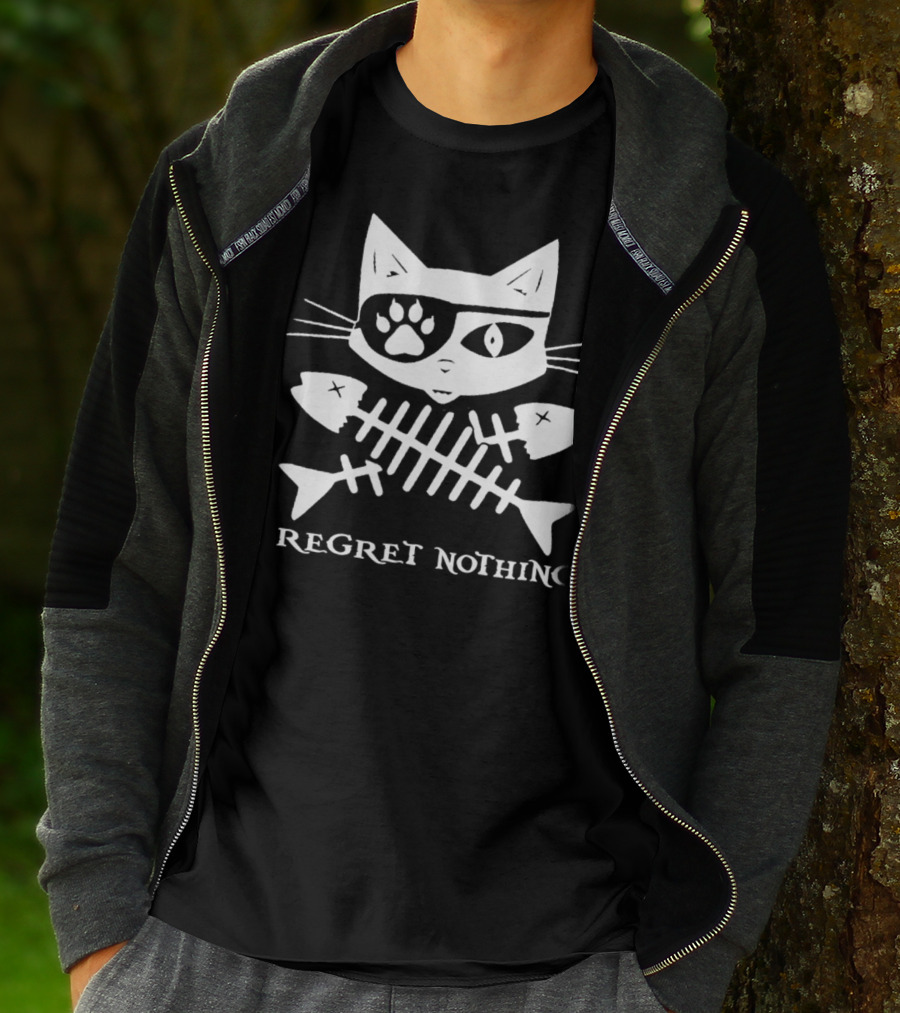 Jolly Roger Pirate Cat I Regret Nothing Skull Crossbones T-Shirt