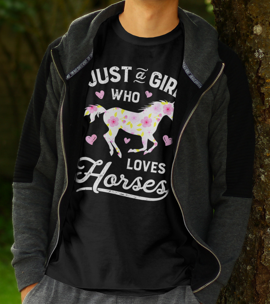 Just A Girl Who Loves Horses Floral Pattern Hearts T-Shirt