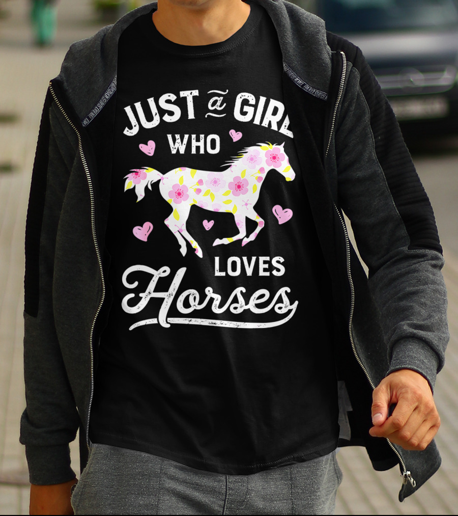 Just A Girl Who Loves Horses Floral Pattern Hearts T-Shirt