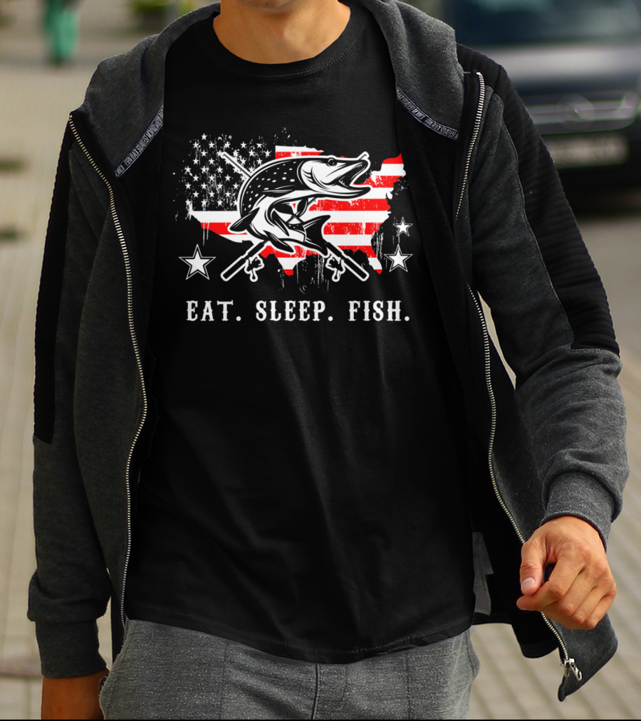 Eat Sleep Fish USA Flag Pike Rifle Stars T-Shirt