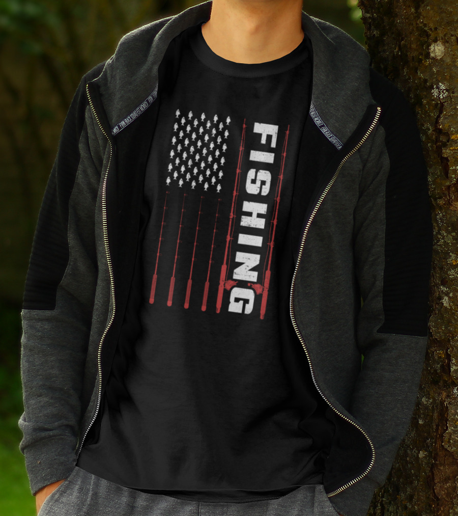 Fishing Flag Fishing Poles And Fish American T-Shirt