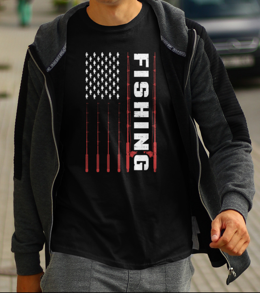 Fishing Flag Fishing Poles And Fish American T-Shirt