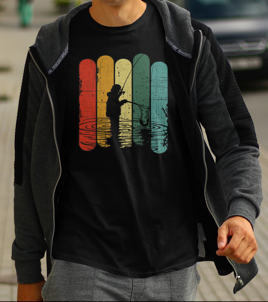 Retro Fishing Silhouette With Colorful T-Shirt