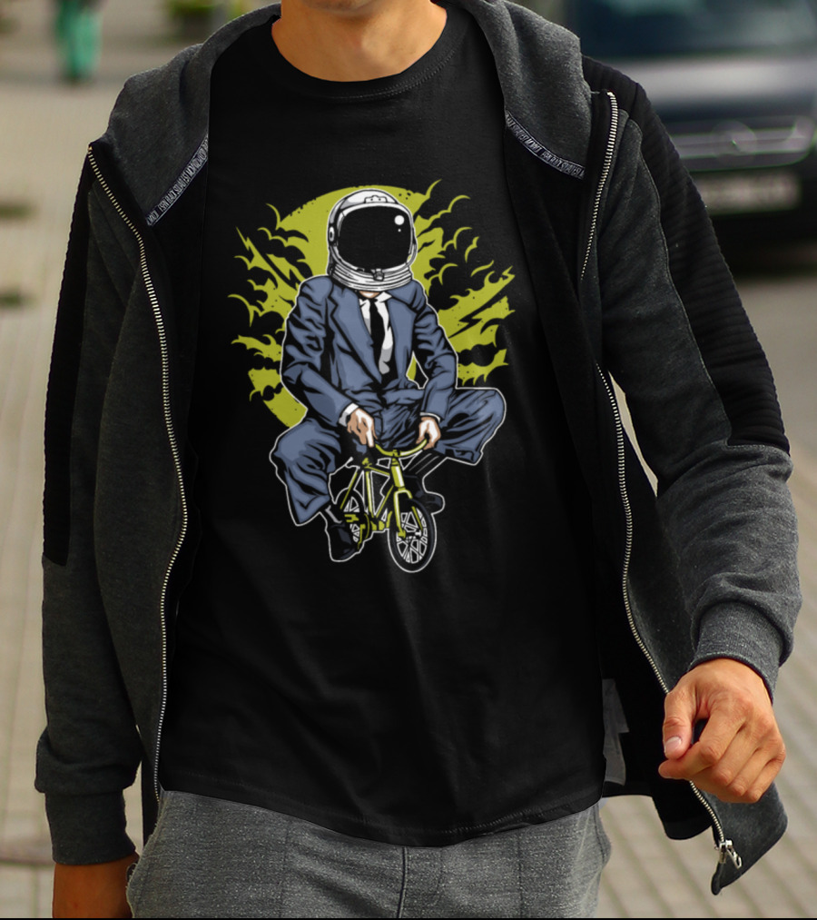 Astronaut In Business Suit Riding Mini Bike With Green Background And Stylized Sky Elements T-Shirt
