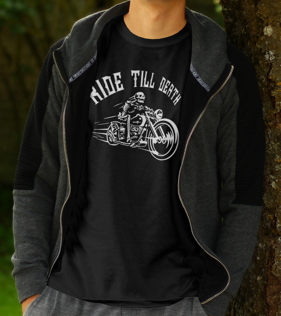 RIDE TILL DEATH Skeleton Motorcycle Biker T-Shirt