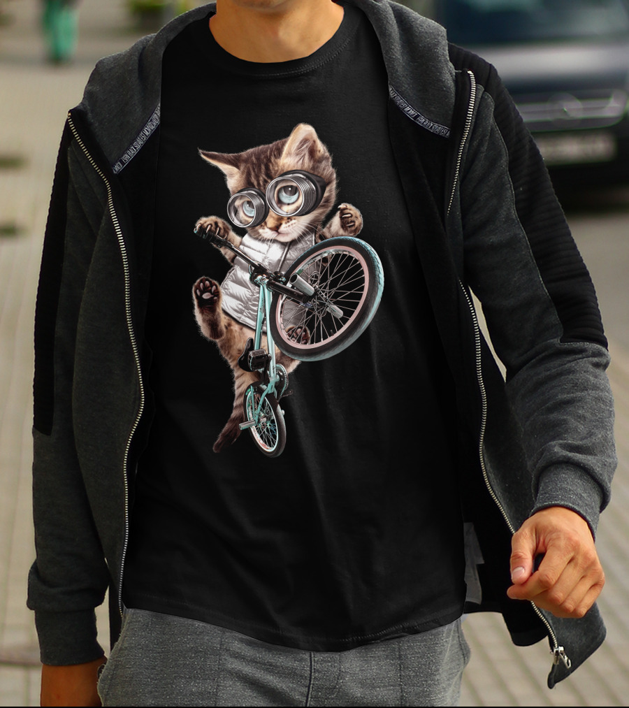 BMX Cat With Glasses Performing Trick On Bicycle T-Shirt