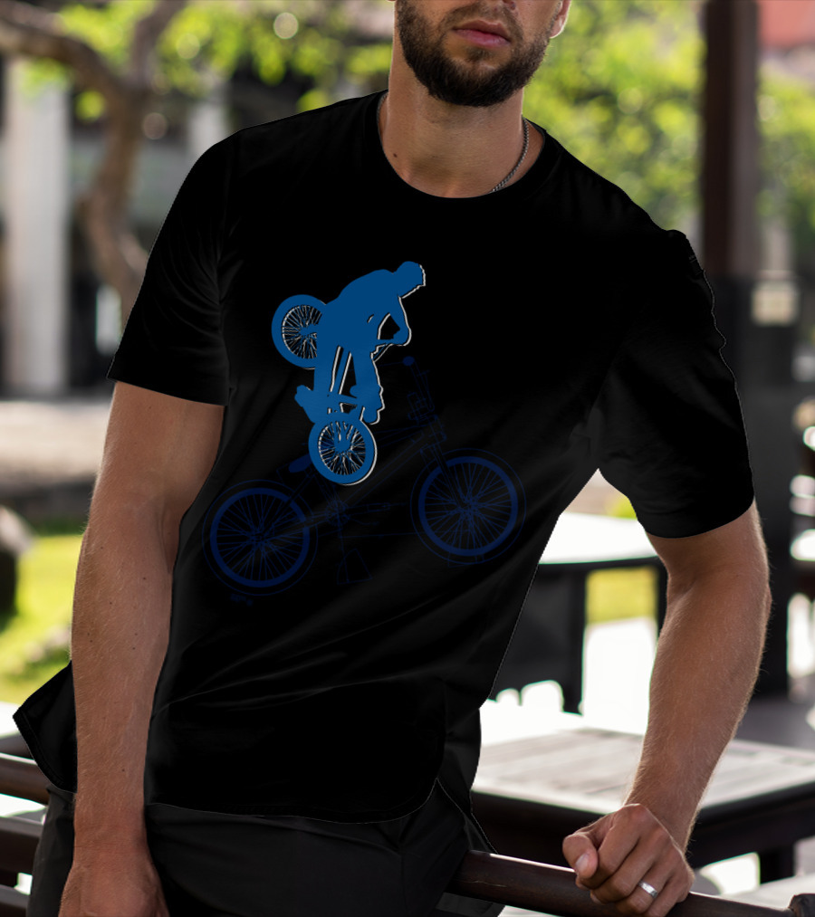 BMX Rider Blue Silhouette With Detailed Bike Blueprint T-Shirt