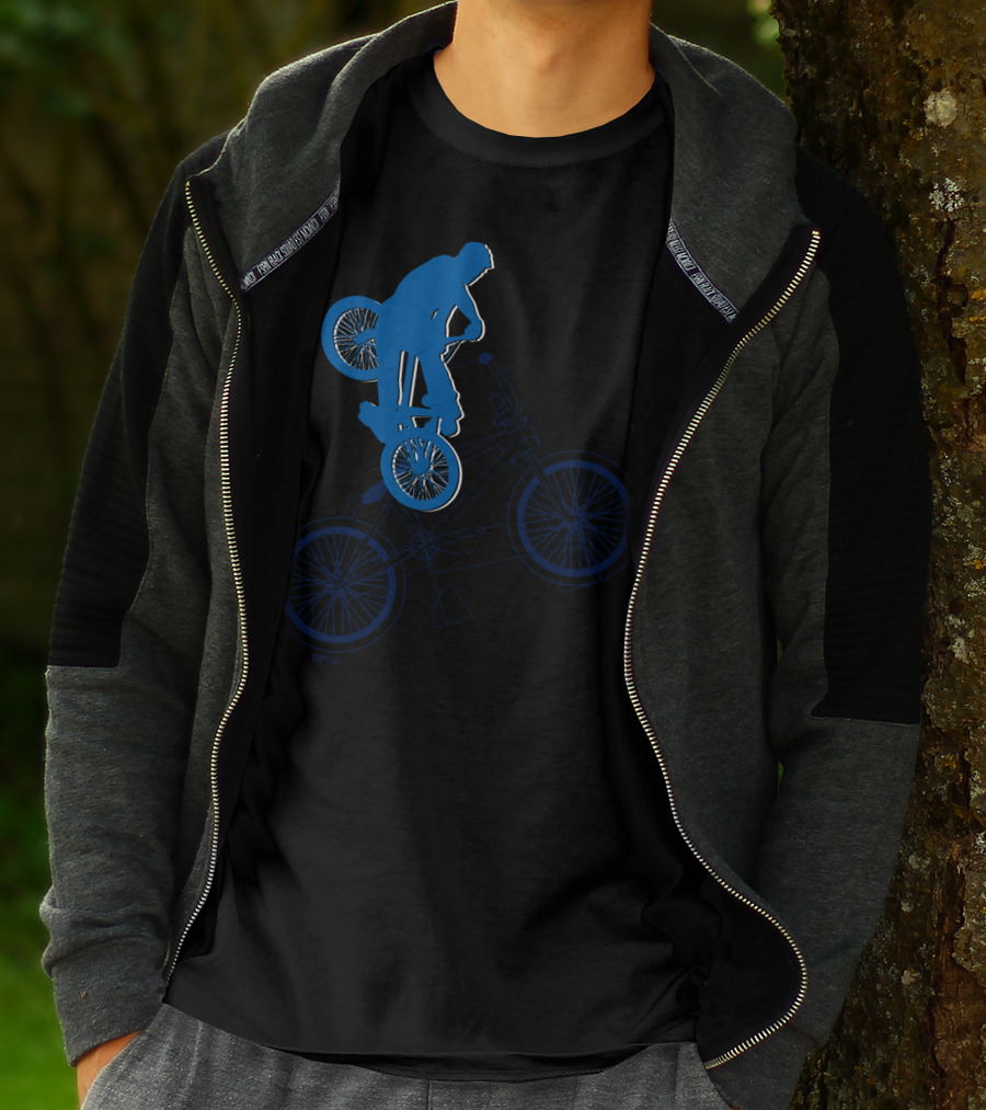 BMX Rider Blue Silhouette With Detailed Bike Blueprint T-Shirt