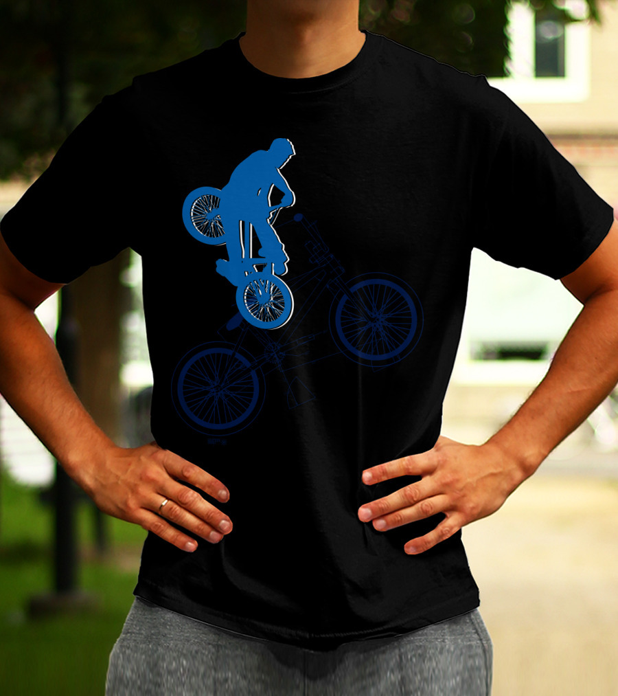 BMX Rider Blue Silhouette With Detailed Bike Blueprint T-Shirt