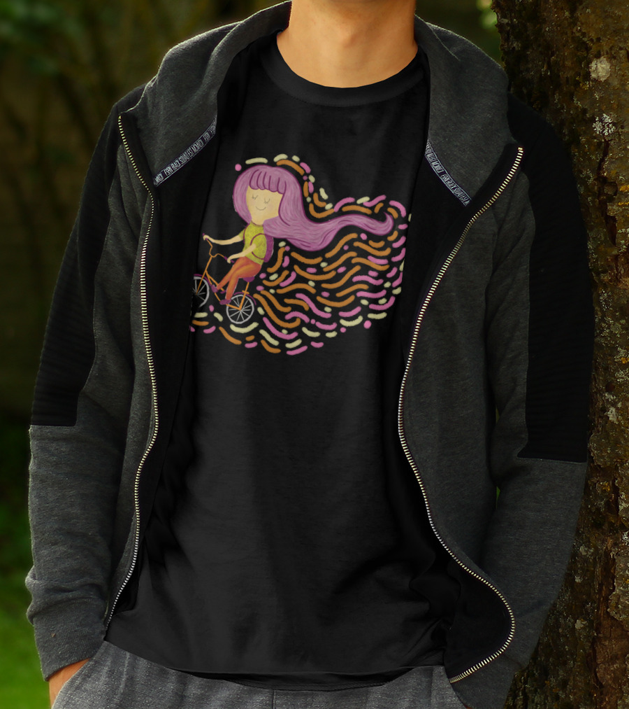 Claire Riding Bicycle With Flowing Pink Hair And Colorful Trails T-Shirt