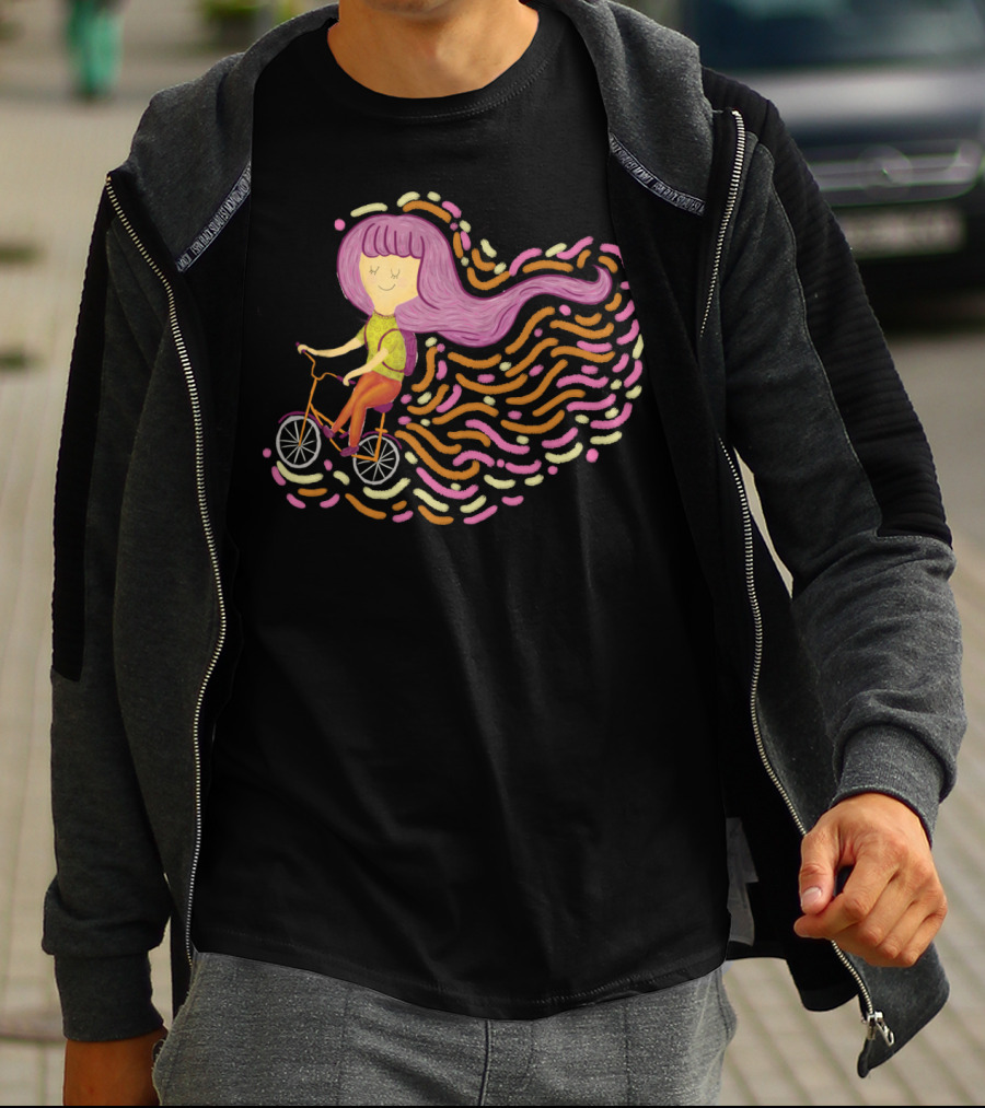 Claire Riding Bicycle With Flowing Pink Hair And Colorful Trails T-Shirt